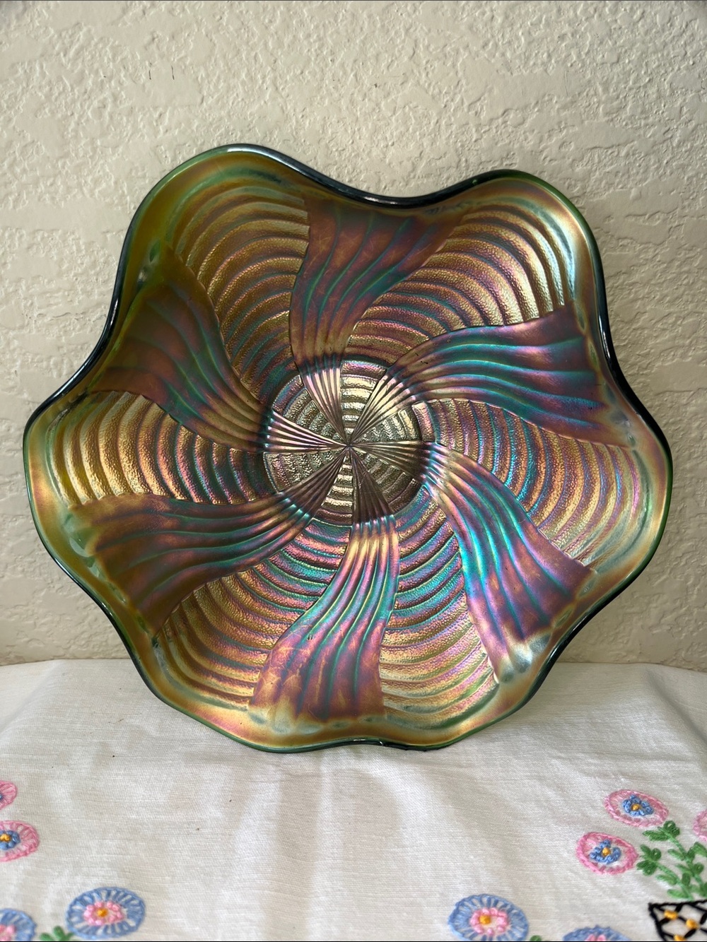 Vintage Fenton Carnival Glass Iridescent Ruffled Bowl 9” Rainbow Swirl Art Glass